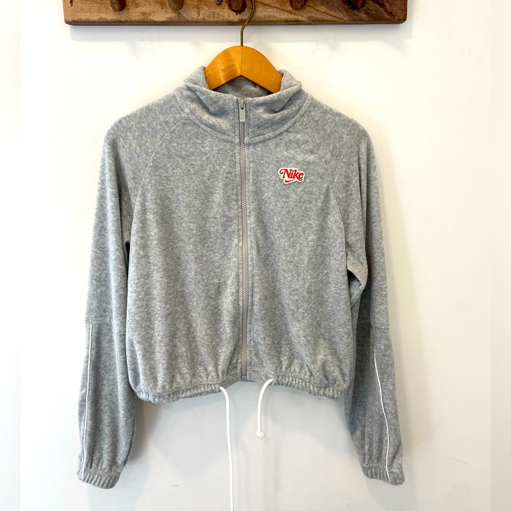 Nike Retro Gray Terry Cloth Zip Up Cropped Jacket Women Size S Waist Drawstring